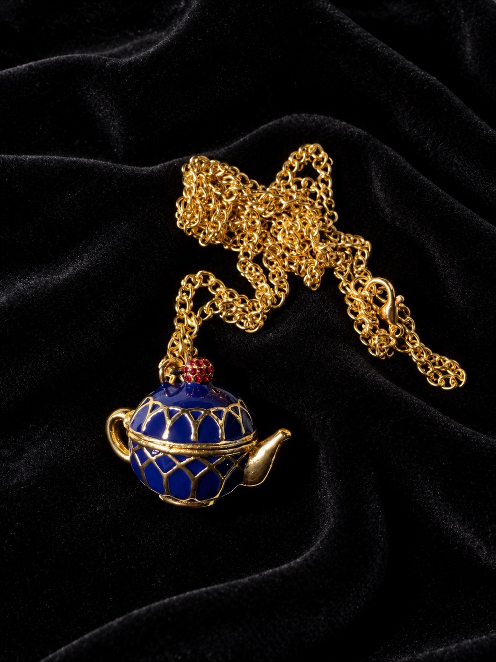 Gold-Tone Necklace with Blue Enamel Teapot Pendant